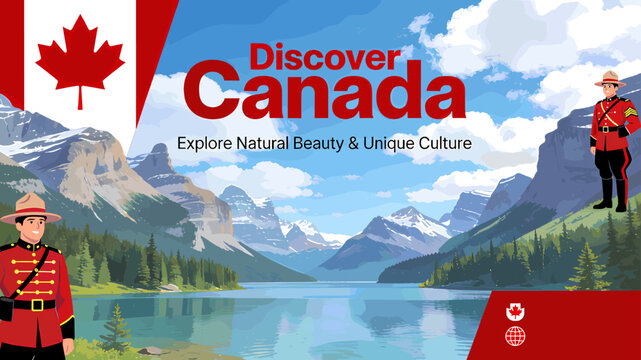 Discover Canada: Explore Natural Beauty & Unique Culture with Mounties and a Serene Lake Landscape.