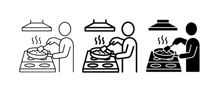 Cooking Icons: Person Frying Food, Kitchen Stove, Range Hood