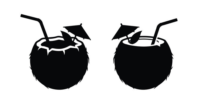 Two coconut drinks with straws and umbrellas silhouette