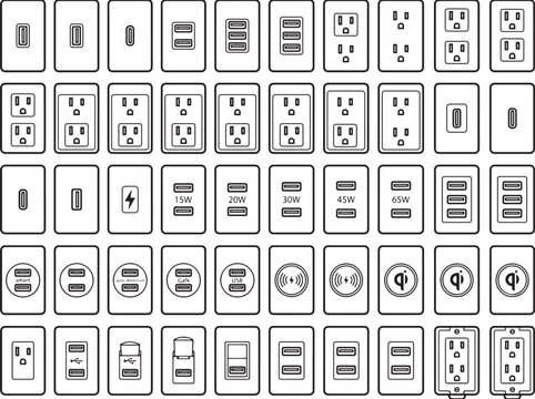A comprehensive array of electrical outlets and USB chargers is presented in a detailed, black-and-white line drawing style. Each component is meticulously illustrated.