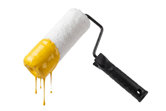 Paint roller with dripping yellow paint isolated on transparent background