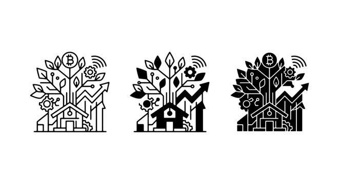 Digital Growth Tree Icons, Bitcoin Finance & Smart Home Concepts, Vector Set
