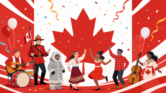 Illustration of Canadian diversity and unity, featuring people from various backgrounds celebrating with music and dance under a large maple leaf flag.