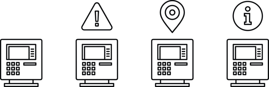 ATM banking terminal icons set featuring automated teller machines with location pin information sign and warning alert symbols for finance,