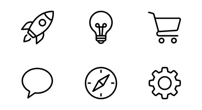 Modern Icon Set: Rocket, Lightbulb, Cart, Chat, Compass, Gear Icons