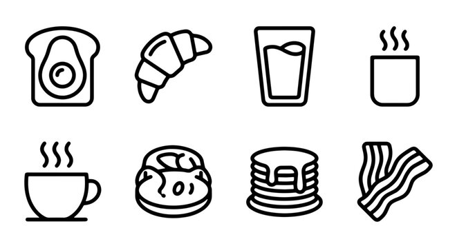 Breakfast Icons Set: Toast, Croissant, Coffee, Pancakes, Bacon, Food Vector