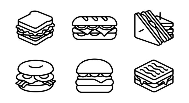 Sandwich Icons Set, Fast Food Vector Graphics, Delicious Meal Illustrations