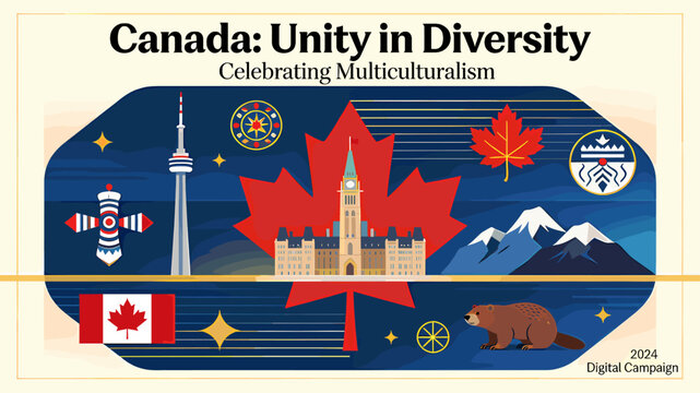 A vibrant graphic celebrating Canada's multiculturalism and unity in diversity, featuring iconic landmarks like the CN Tower, Parliament, maple leaf, mountains, and cultural symbols.