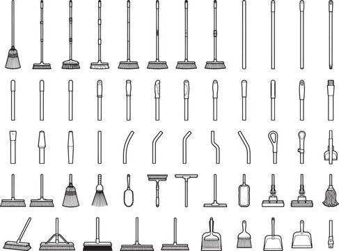 An array of cleaning equipment. Illustrated set of equipment with mops and brooms and other cleaning tools.