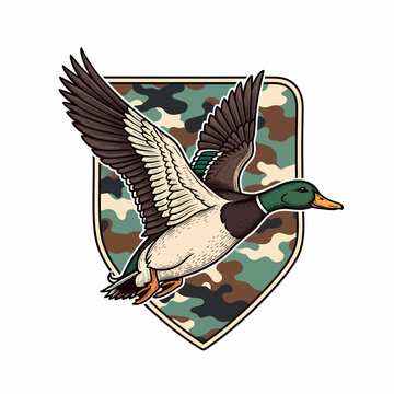 Flying Mallard duck hunting club shield vector emblem with camouflage pattern