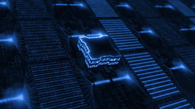 Royal blue color microchip glowing big data transfer binary code hi tech design black technology background