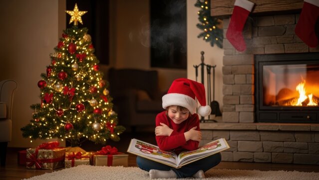 Adorable baby in santa hat reads by fireplace christmas tree
