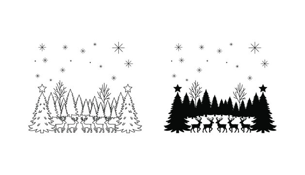 Christmas winter forest with pine trees and deer silhouette in black and white vector illustration for holiday seasonal designs