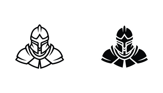 Medieval warrior knight helmet icon set with protective armor design in black and white vector style for gaming or historical themes