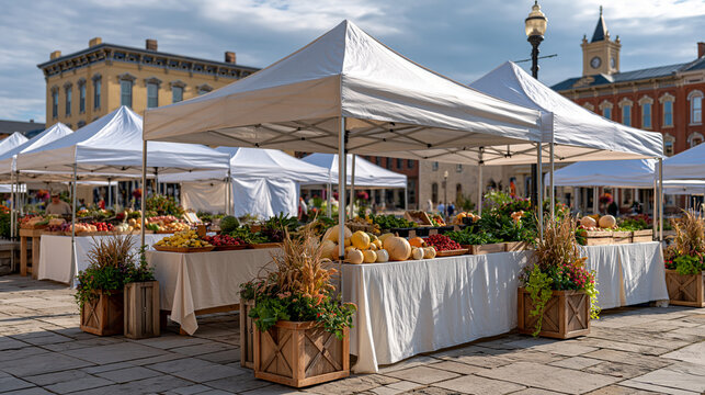Wide shot of summer farmers market in small midwestern town square, canopy stalls loaded with seasonal produce, community commerce, weekend gathering, local food economy, agricultural tradition, out