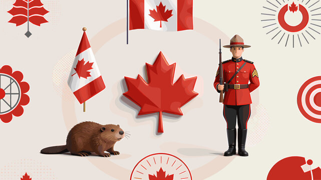 A vibrant collection of Canadian symbols including the national flag, a Mountie, a beaver, and maple leaves, set against a neutral background with decorative elements.