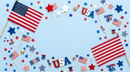 Obraz premium Festive flat lay frame with American flags, stars, and patriotic decorations on a blue background, celebrating Independence Day.