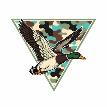 Flying Mallard duck hunting club shield vector emblem with camouflage pattern
