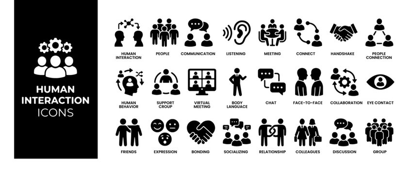 Human Interaction web icons. People, communication, chat, relationships, meeting, group, friends. Editable stroke. Vector illustration.
