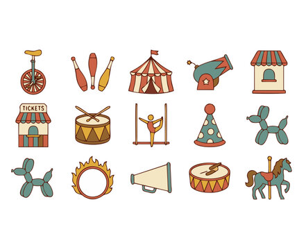 a collection of retro circus equipment illustrations in a vintage 1970s flat vector style, inspired by classic hand-drawn icon designs