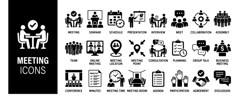 Conference and meeting icon set for business training, team brainstorm, seminar and interview, vector illustration