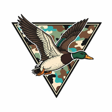 Flying Mallard duck hunting club shield vector emblem with camouflage pattern