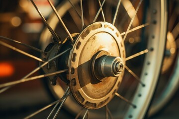 Fototapeta premium Rusty vintage bicycle wheel hub and spokes basking in warm golden light, showing travel and cycling concept
