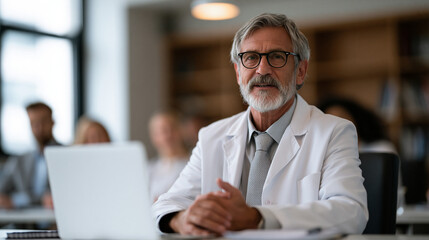 Fototapeta premium Psychedelic-assisted therapy researcher presenting clinical outcome data to ethics review board in hospital conference room, mental health science governance, psychiatric research, institutional ove