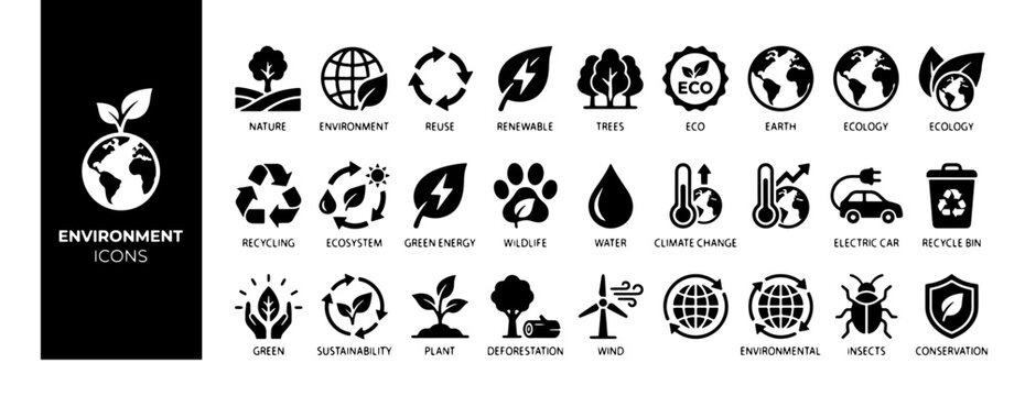 Environment icons set collection. Environmental, Social, Governance, solar panels, ecology, renewable energy, energy efficiency, net zero. illustration vector.