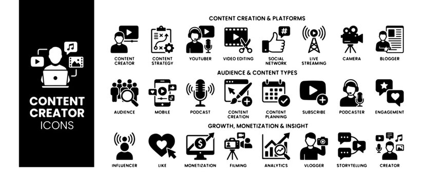 Content creator icons - social media production blogging online communication with communication marketing audience engagement microphone computer smartphone