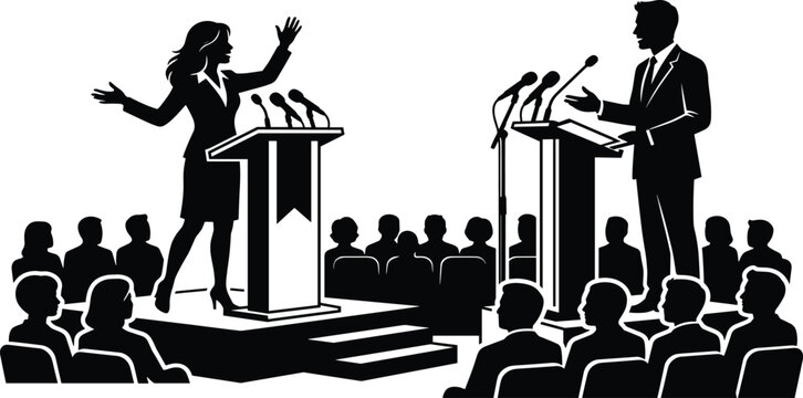 Political, debate, silhouettes, of, man, and, woman, speaking, at, podium, in, front, of, audience, election, campaign, conference, speech, public, speaking,