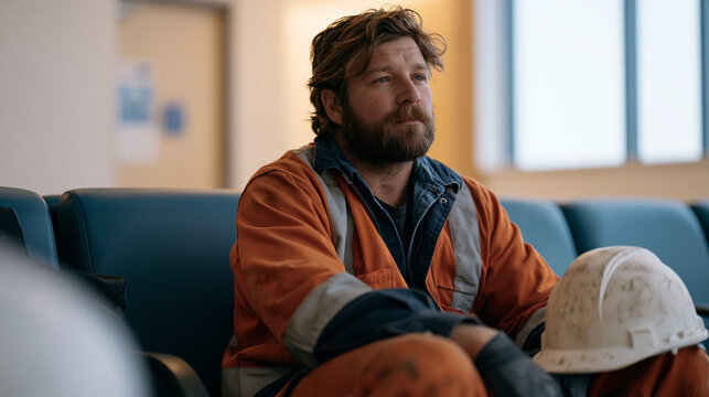 Male construction worker in his thirties sitting in hospital waiting room in work clothes, hard hat balanced on knee, expression distant and reluctant suggesting delayed engagement with mental healt