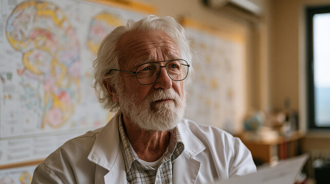 Elderly neuroscientist reviewing intricate brain atlas wall charts in quiet university laboratory late evening, mapping cortical regions with annotated overlays, cognitive science research, academic