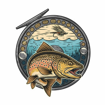 Illustration of a brown trout leaping with a fly near a fly fishing reel background