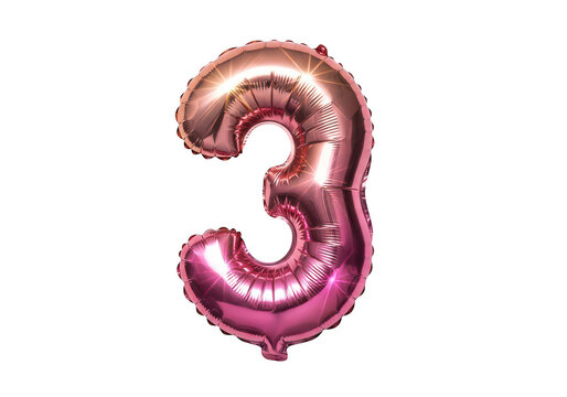 Pink foil balloon number three on transparent background high quality professional
