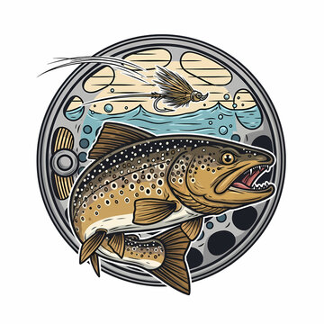 Illustration of a brown trout leaping with a fly near a fly fishing reel background