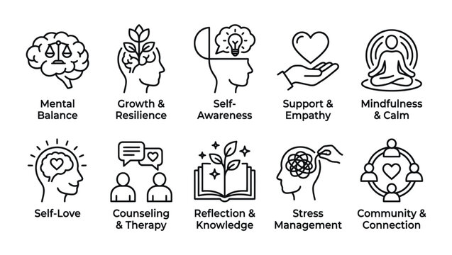 Mental wellness icons showing self-care and emotional balance
