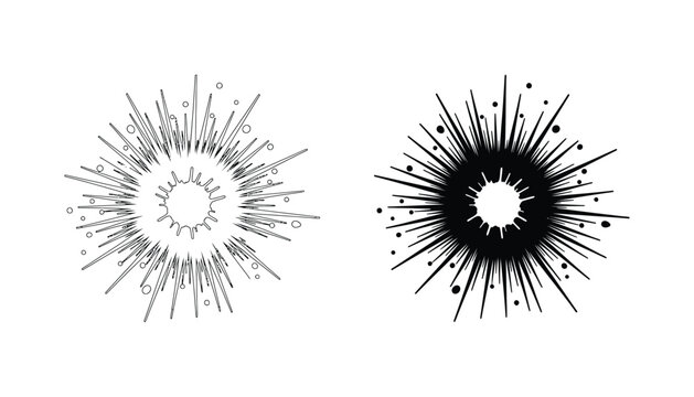 Dynamic abstract explosion or starburst vector illustration featuring an energetic outline and a bold solid black silhouette design