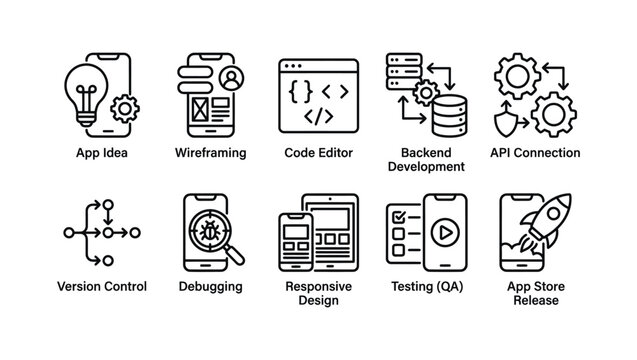 Mobile app development process infographic icons set