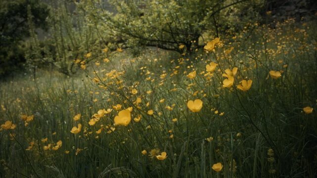 Wild meadow with buttercups flowers swaying in the wind