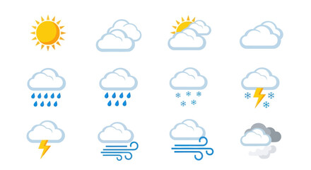 Obraz premium Weather Icons: Sun, Clouds, Rain, Snow, Wind, Storm, Lightning