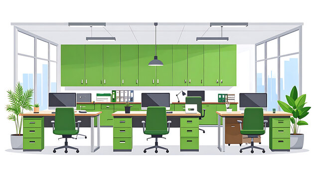 Modern open-plan office interior with desks, chairs, computers, and plants, clean workspace design, collaborative environment, business setting