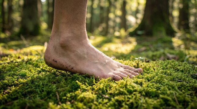 Human bare foot stepping on soft green moss in a sunlit forest environment