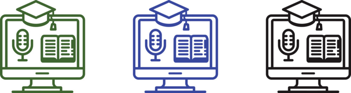 Online Learning Icons: Three stylized computer screens each showcase elements of online education, representing digital learning, audio recording, and textual knowledge.