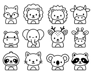 Fototapeta premium Cute Animal Faces Line Art Icons Set Kawaii Cartoon Head Collection