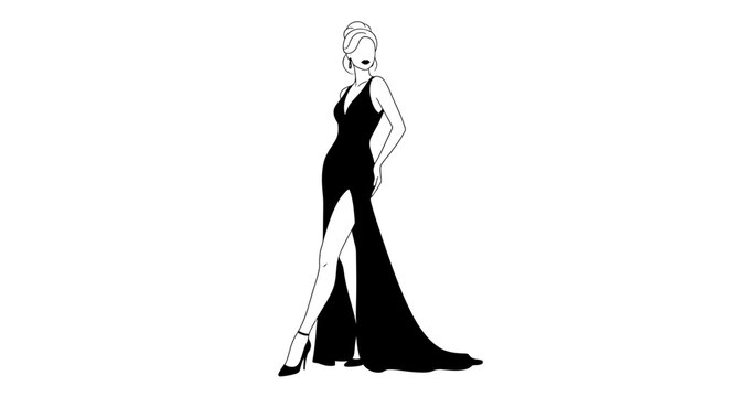 Elegant Silhouette in Gown: A sleek line drawing captures the refined grace of a woman in a sophisticated, black gown, emphasizing her poised demeanor and timeless elegance.