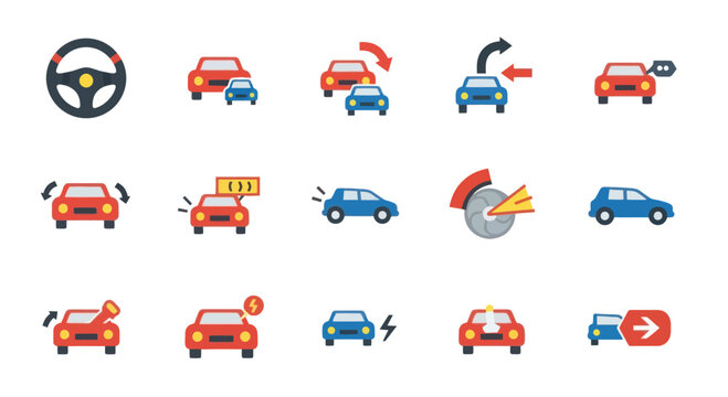 Car Icons: Steering Wheel, Traffic, Parking, and Warning Symbols
