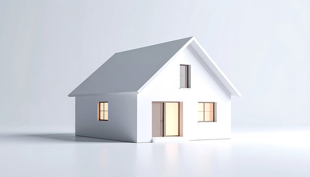 Modern white pitched roof house with glowing windows, architectural model for real estate, home design, clean aesthetic, residential building