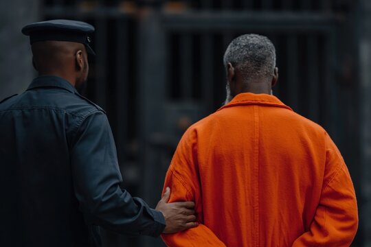 Inmate escorted by guard outside prison cell gate opening