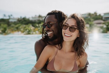 Fototapeta premium Man embracing woman and laughing in resort pool with sunglasses